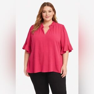 CeCe Ruffle Split Neck Flutter Sleeve Pink Crepe Blouse 2X 3/4 Ruffle Sleeve
